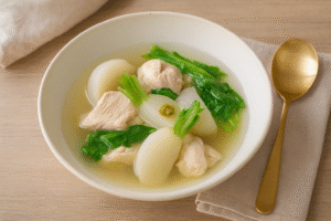 鶏むね肉とカブの柚子胡椒スープ煮の盛り付け画像